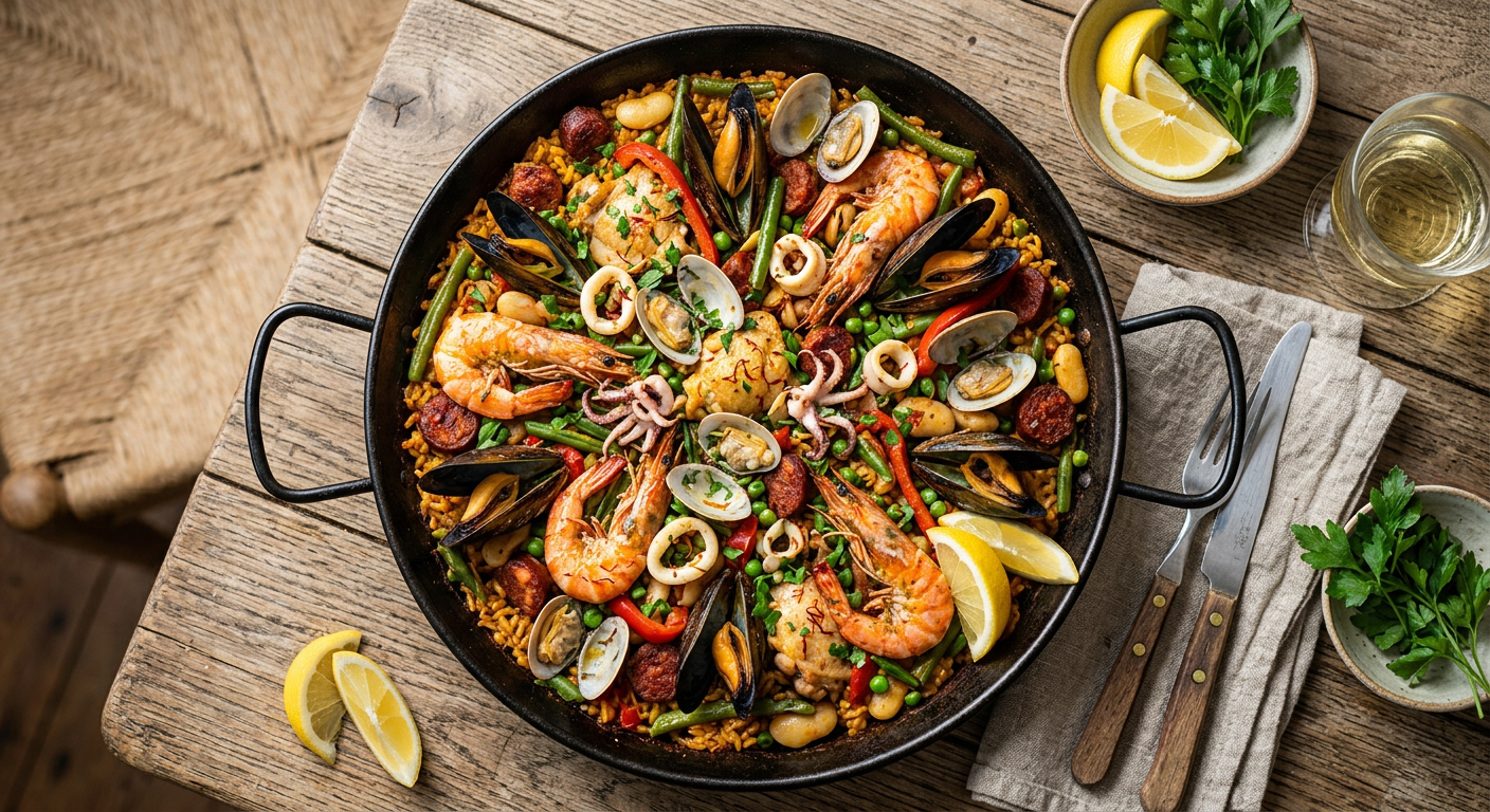 Seafood paella with saffron rice in a wide pan