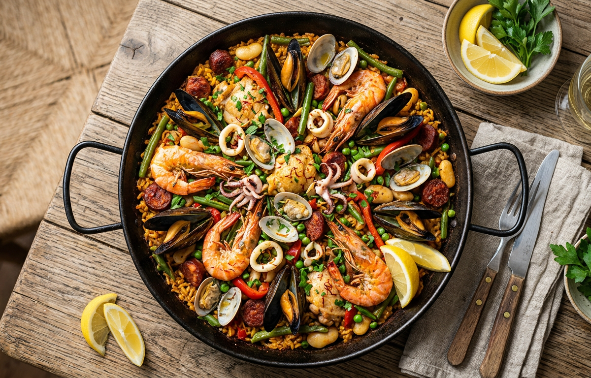 Seafood paella with saffron rice in a wide pan