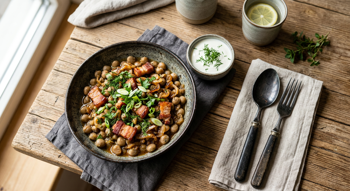 Grey peas with fried bacon and onion in a bowl