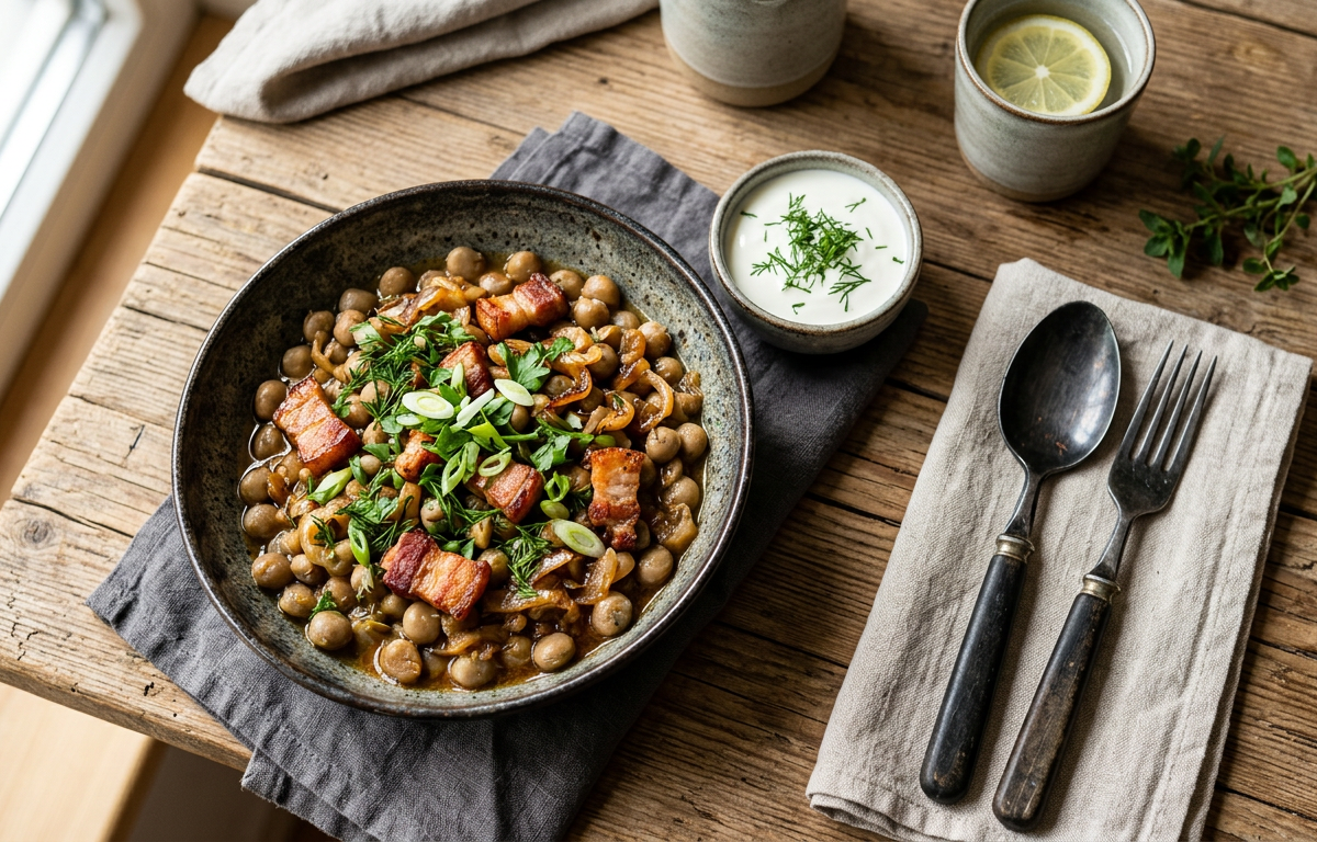 Grey peas with fried bacon and onion in a bowl
