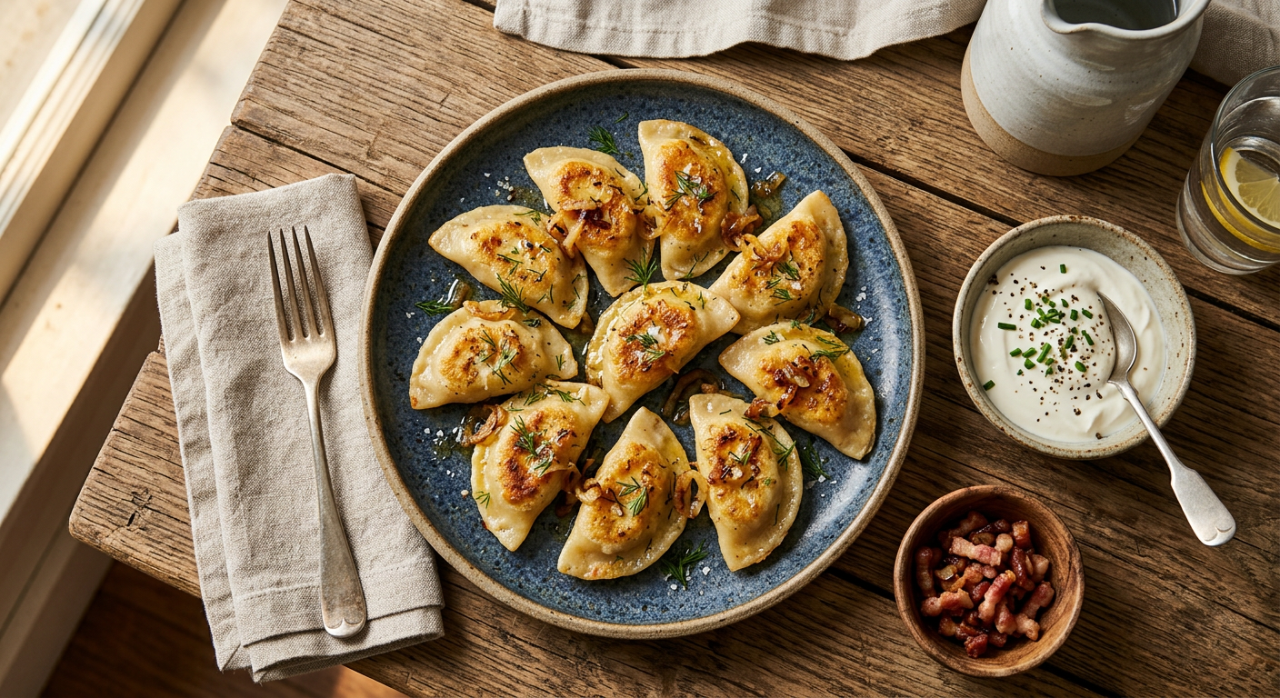 Polish dumplings with fried onion and sour cream