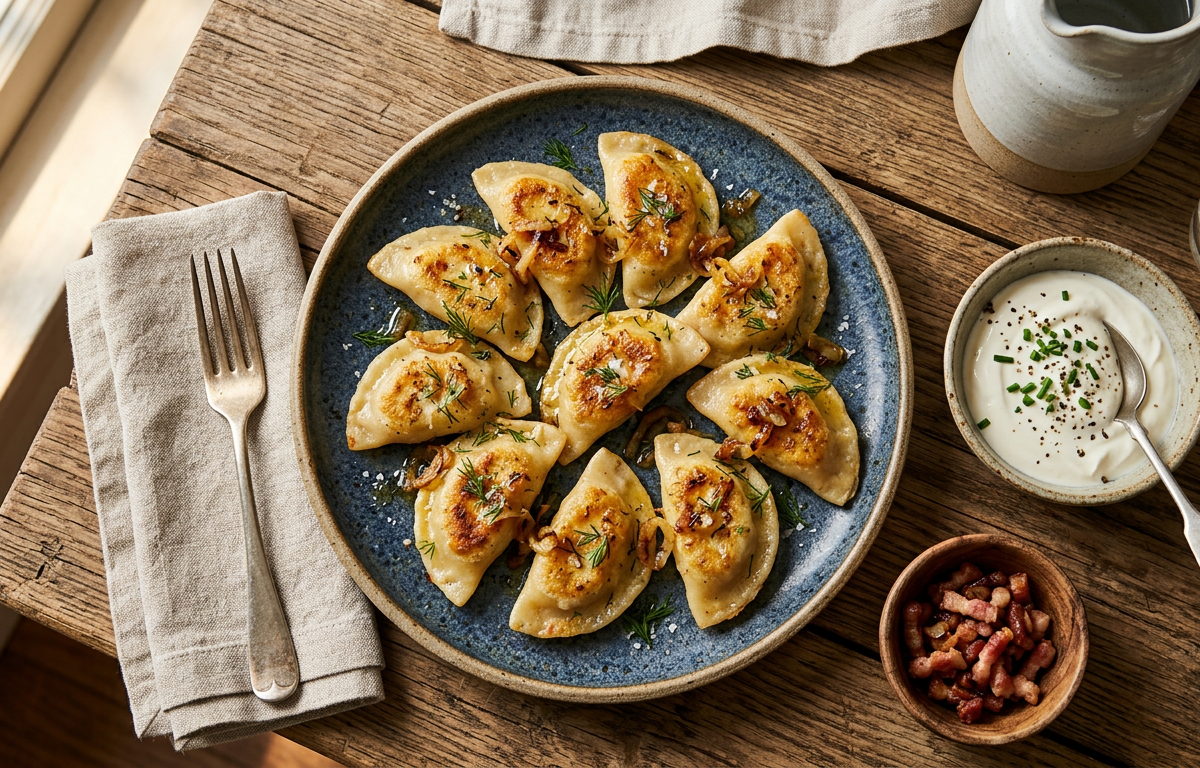 Polish dumplings with fried onion and sour cream