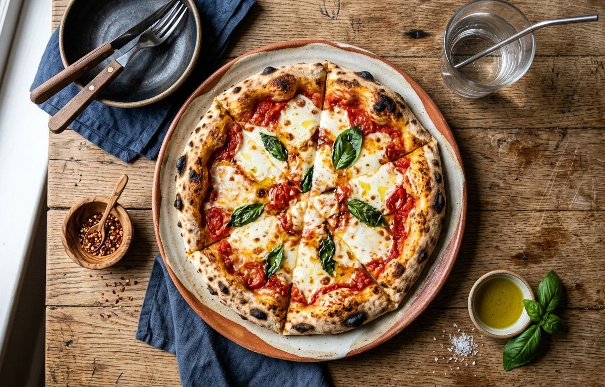 Pizza margherita with mozzarella, tomato and basil