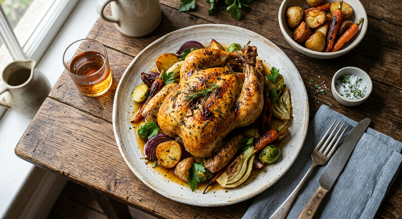 Whole roast chicken with golden crisp skin