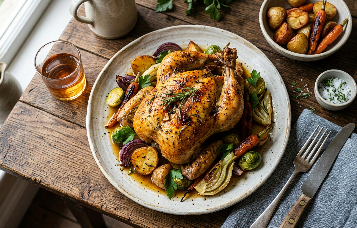 Whole roast chicken with golden crisp skin