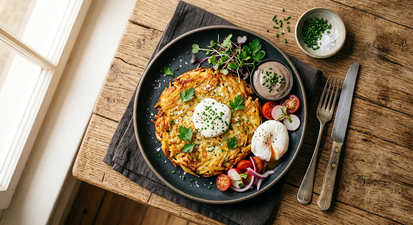 Golden Swiss rösti potato cake in a pan