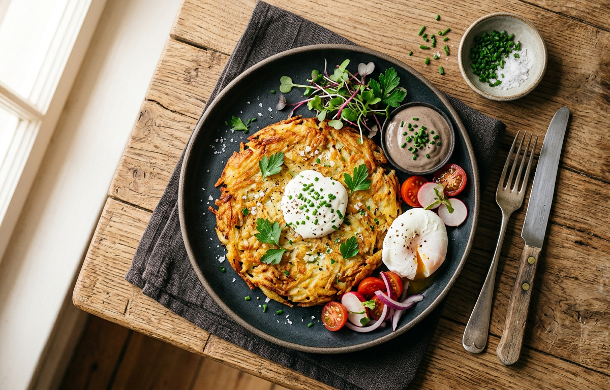 Golden Swiss rösti potato cake in a pan