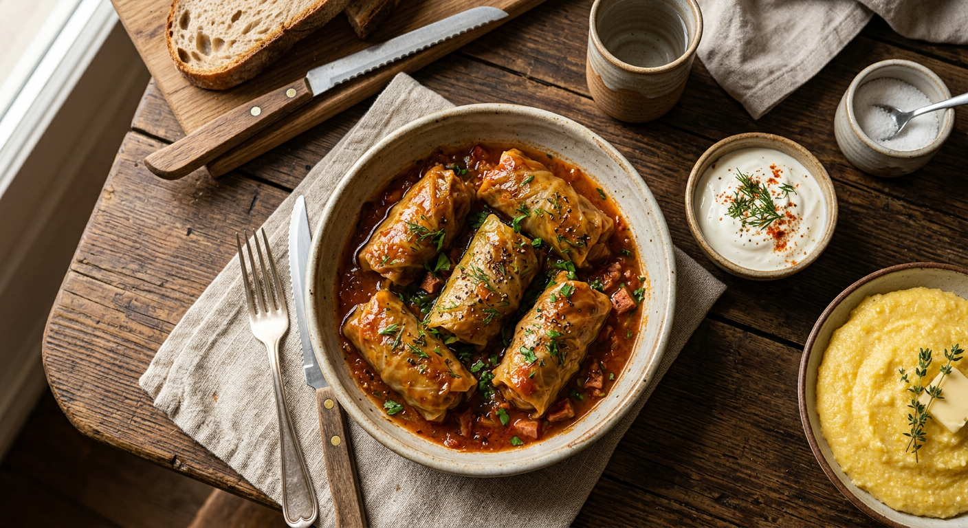 Cabbage rolls in tomato sauce with sour cream