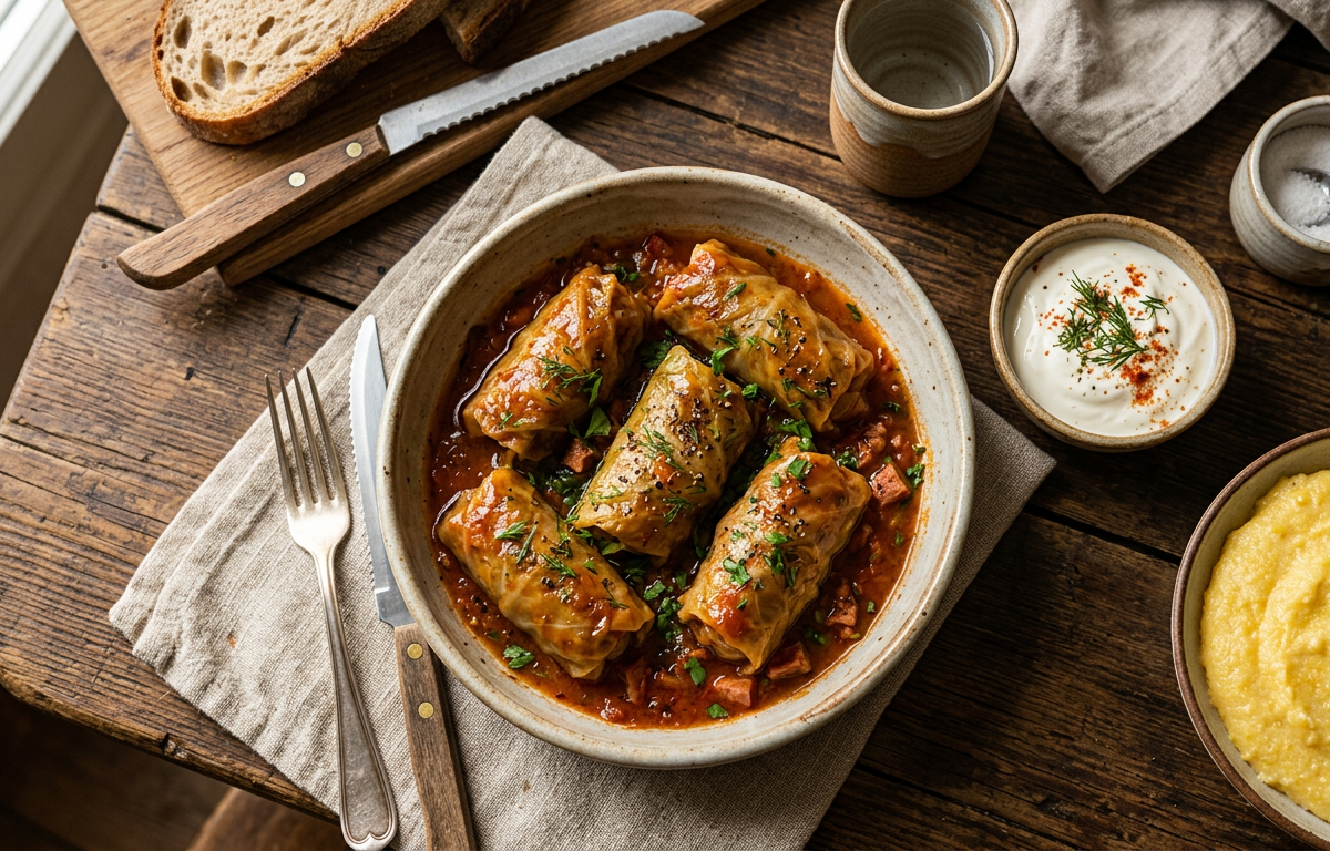 Cabbage rolls in tomato sauce with sour cream