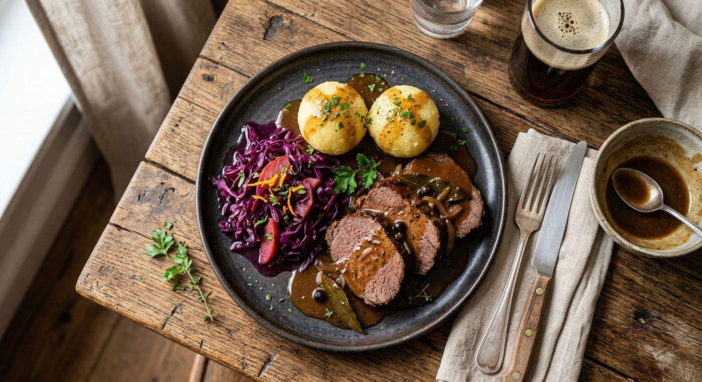 Sliced German pot roast in dark gravy with red cabbage