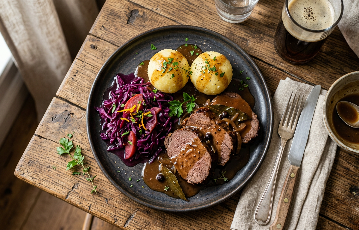 Sliced German pot roast in dark gravy with red cabbage