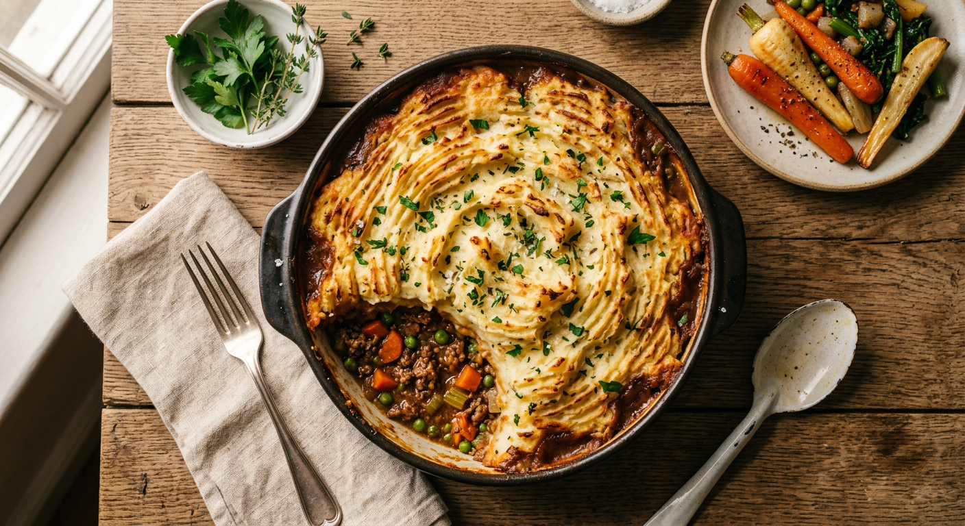 Shepherd's pie with browned mashed potato topping in a dish
