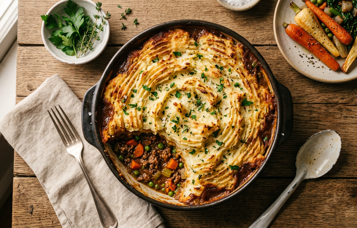Shepherd's pie with browned mashed potato topping in a dish