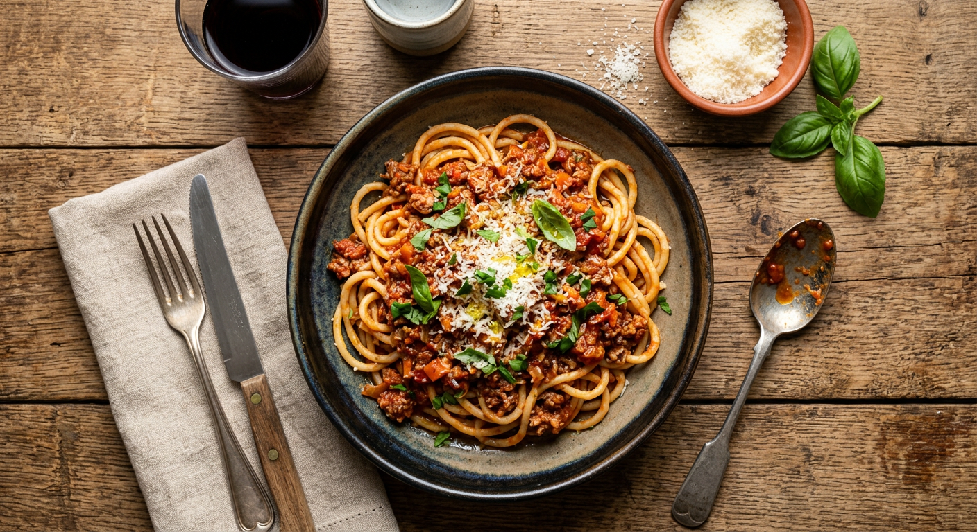 Spaghetti with bolognese sauce and grated parmesan