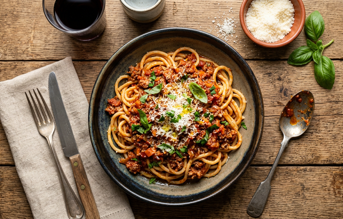 Spaghetti with bolognese sauce and grated parmesan