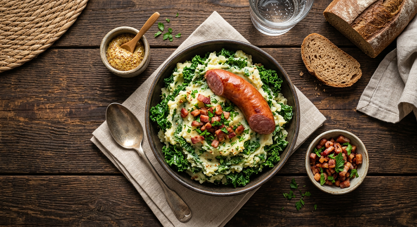 Dutch stamppot with mashed potato, kale and sausage
