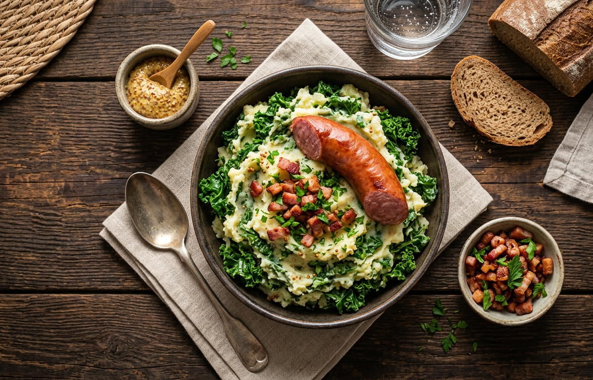 Dutch stamppot with mashed potato, kale and sausage
