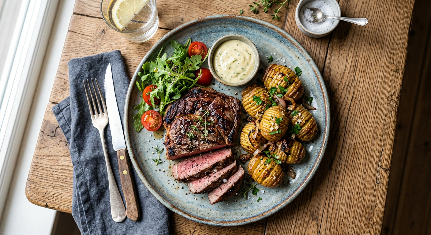 Grilled steak with potatoes on a plate