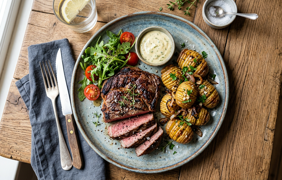 Grilled steak with potatoes on a plate