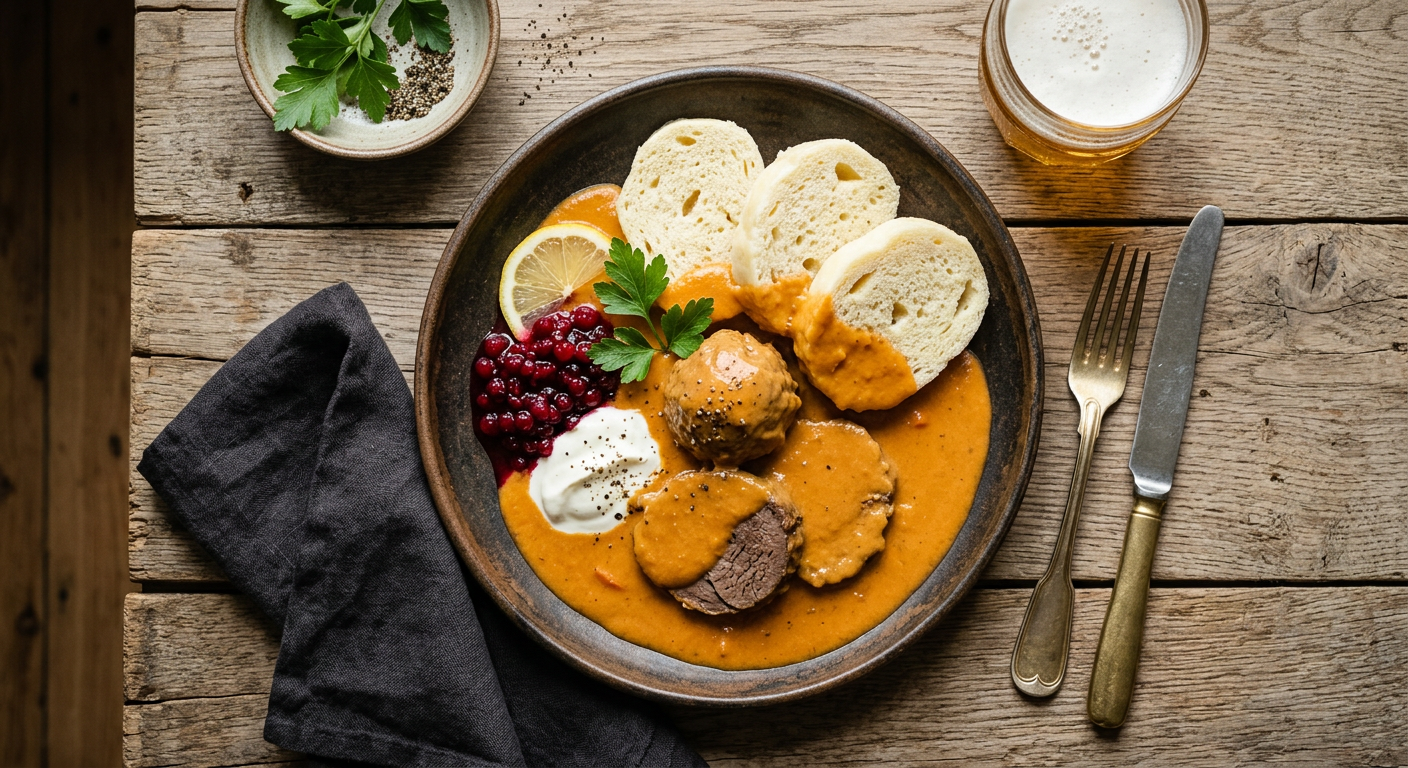 Beef in creamy root vegetable sauce with bread dumplings