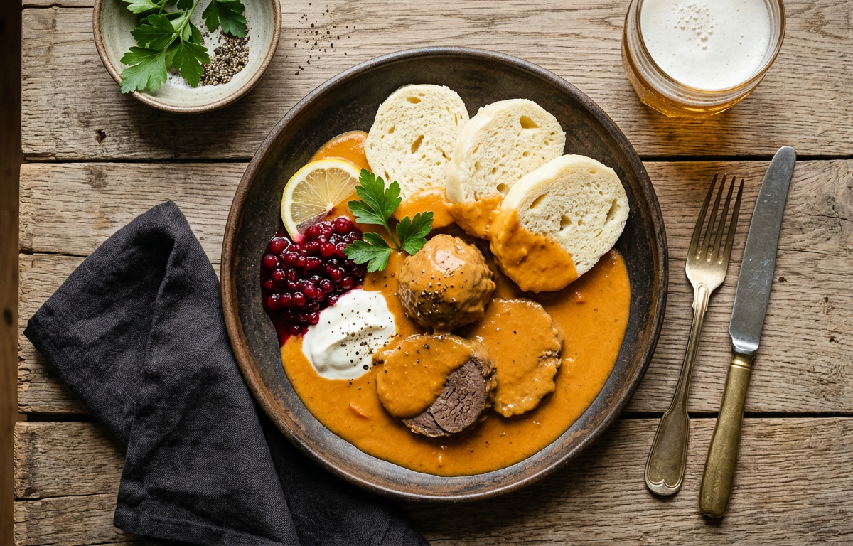 Beef in creamy root vegetable sauce with bread dumplings
