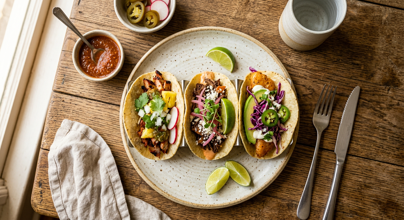 Soft tacos filled with meat, salsa and fresh coriander