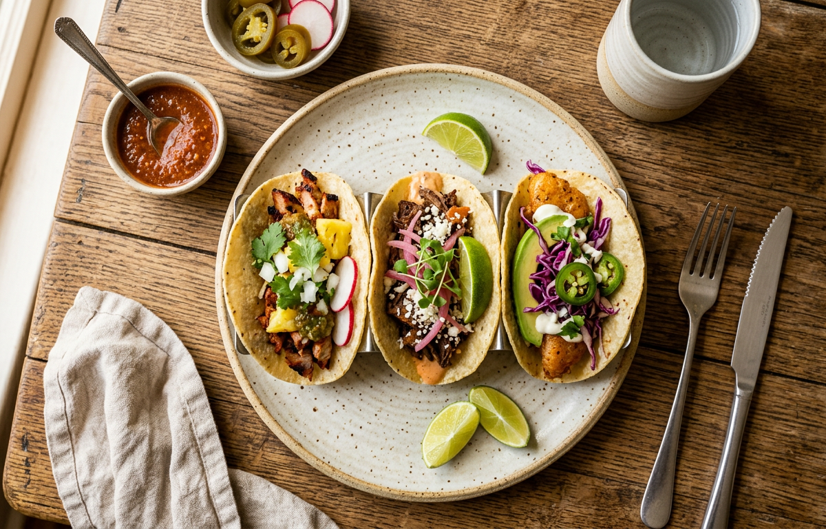 Soft tacos filled with meat, salsa and fresh coriander