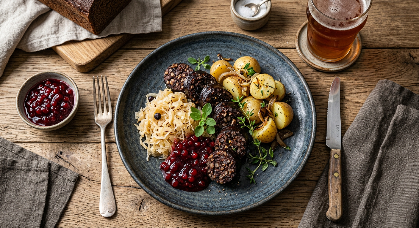 Estonian blood sausage with lingonberries