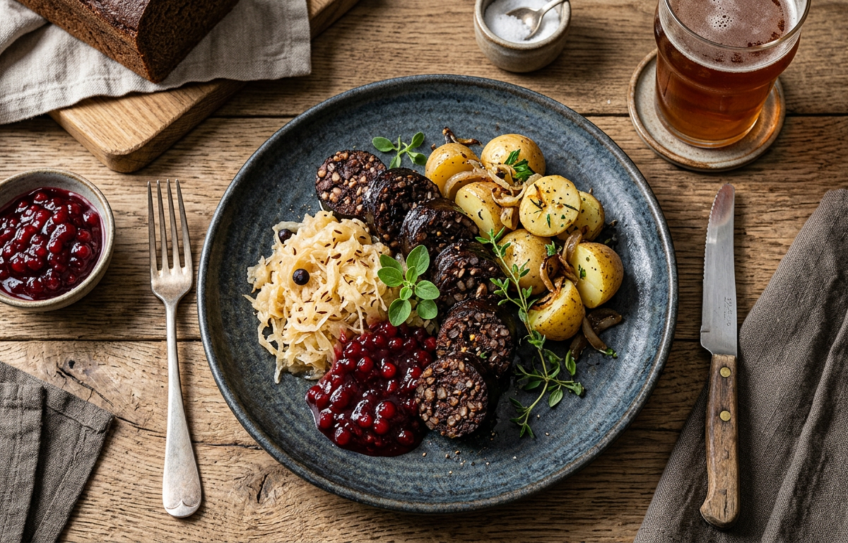 Estonian blood sausage with lingonberries