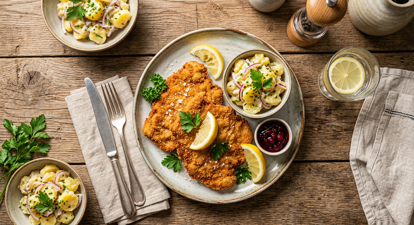 Breaded veal schnitzel with a lemon wedge