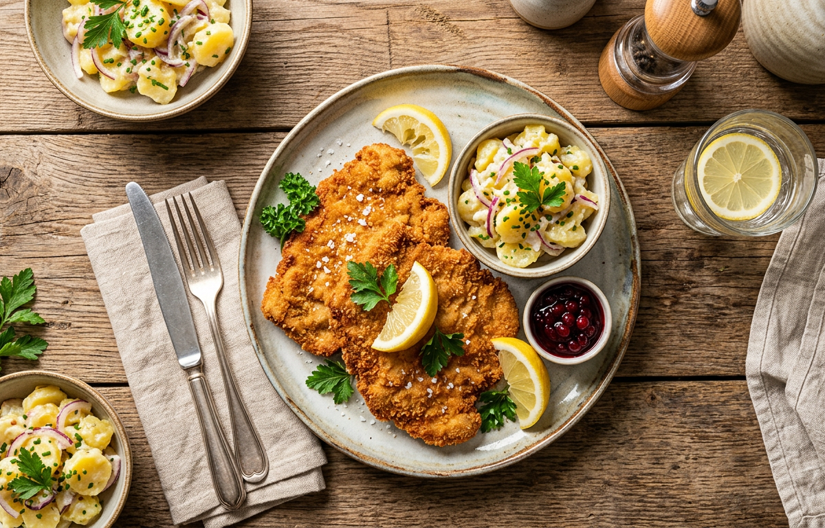 Breaded veal schnitzel with a lemon wedge