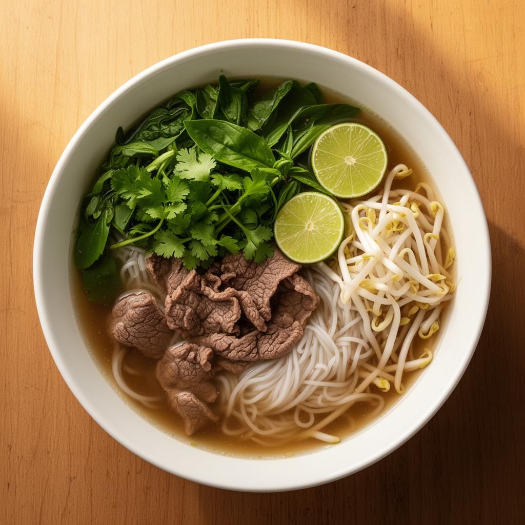 Vietnamese pho with beef, rice noodles and fresh herbs