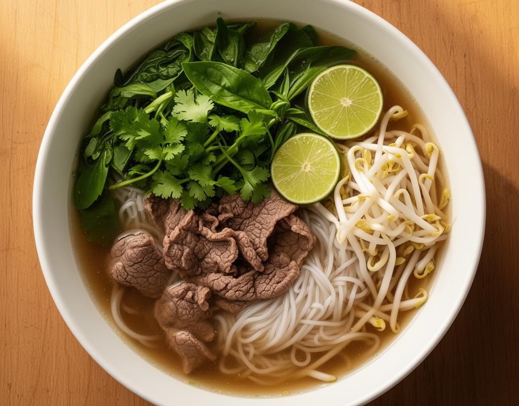 Vietnamese pho with beef, rice noodles and fresh herbs