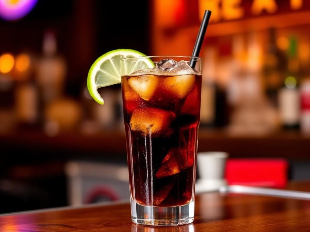 Rum and cola in a tall glass with ice and lime