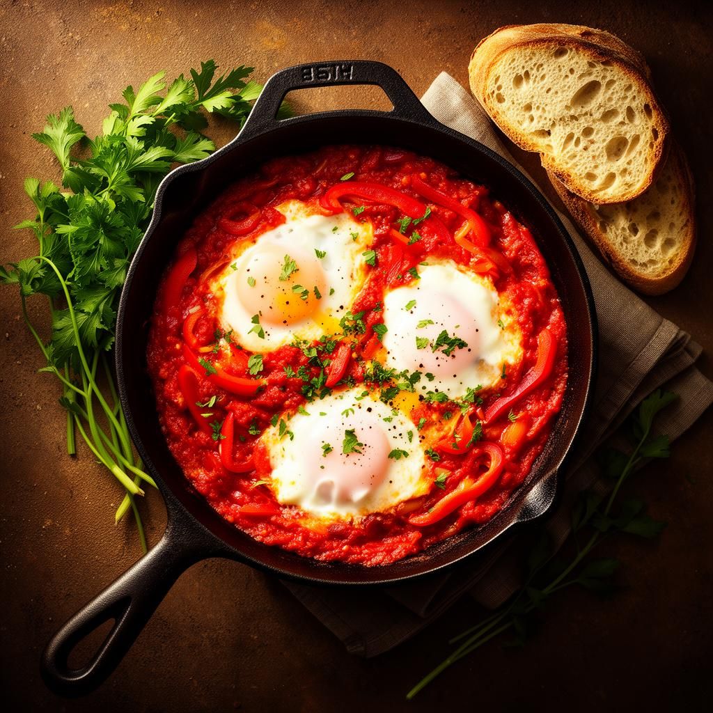 Eggs poached in spiced tomato sauce in a pan