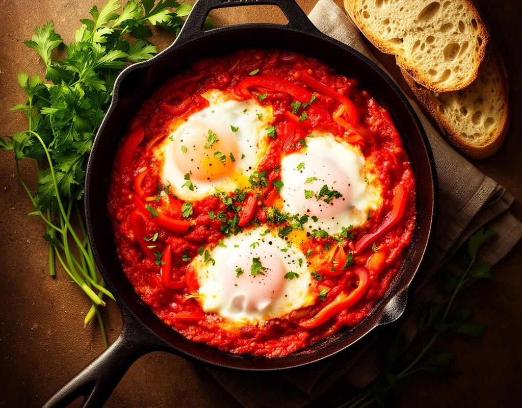 Eggs poached in spiced tomato sauce in a pan