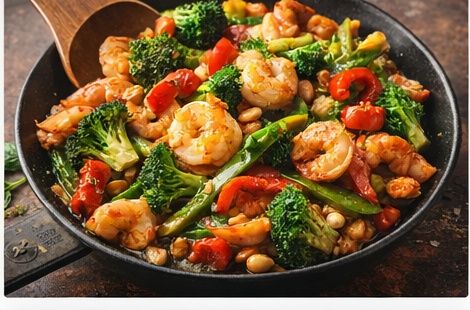 Shrimp stir-fry with vegetables in a wok