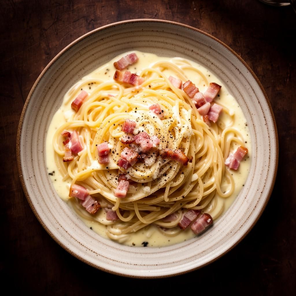 Spaghetti carbonara with guanciale, egg sauce and black pepper