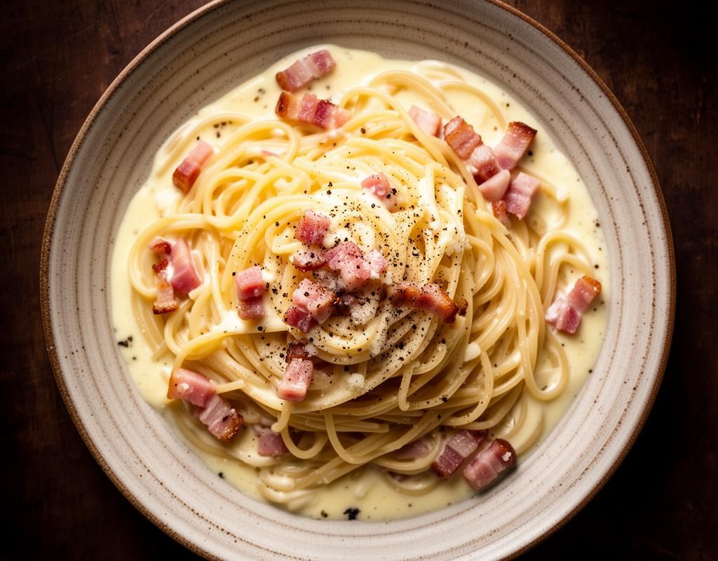 Spaghetti carbonara with guanciale, egg sauce and black pepper