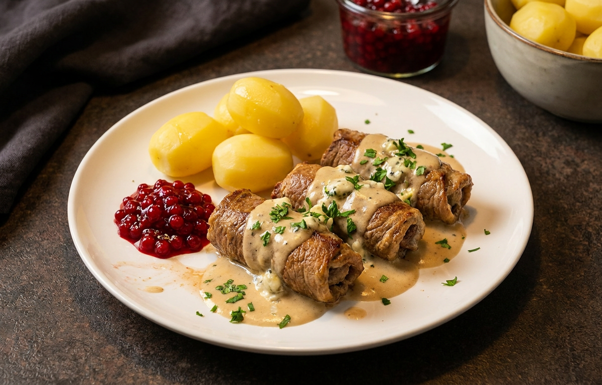 Gefüllte Rinderrouladen in cremiger Roquefortsauce mit Kartoffeln