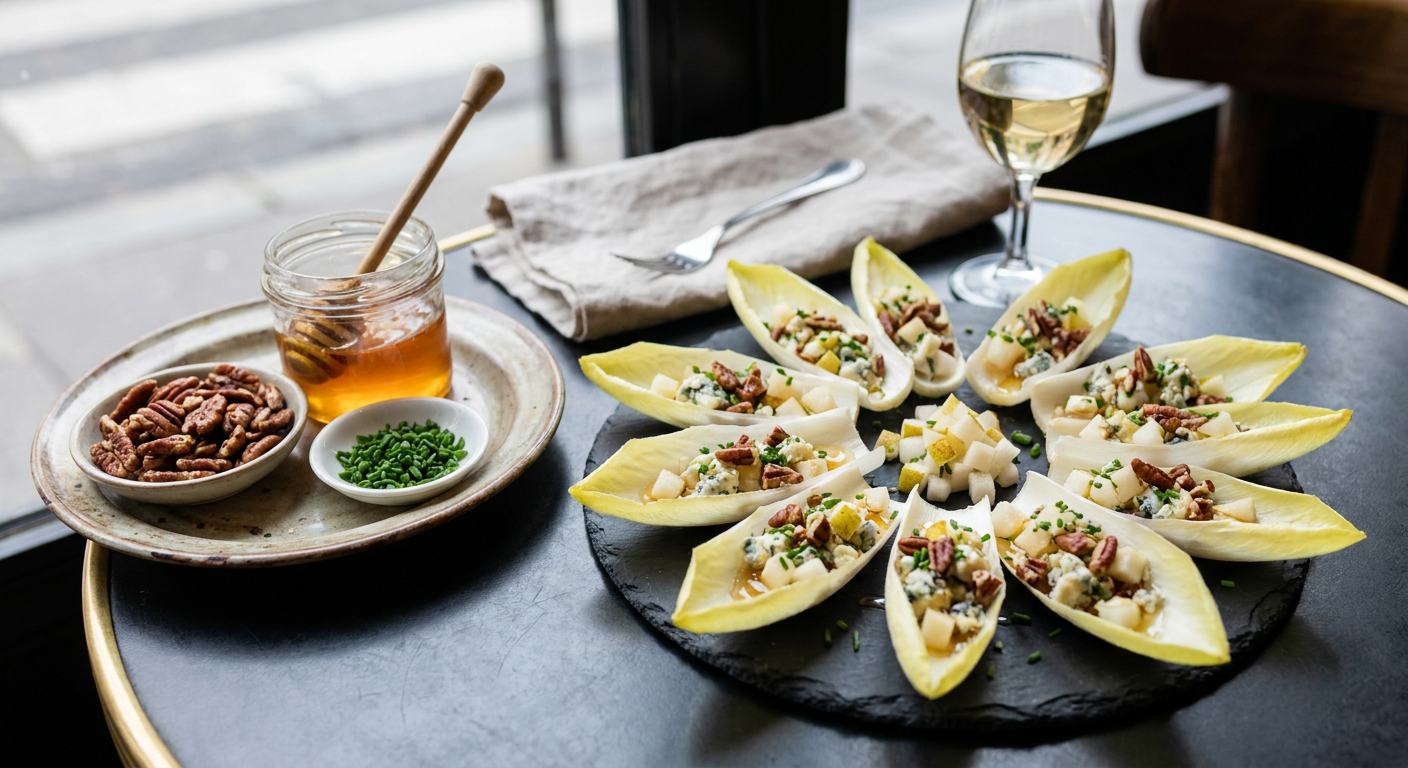 Chicorée-Schiffchen mit Blauschimmelkäse und Pekannüssen