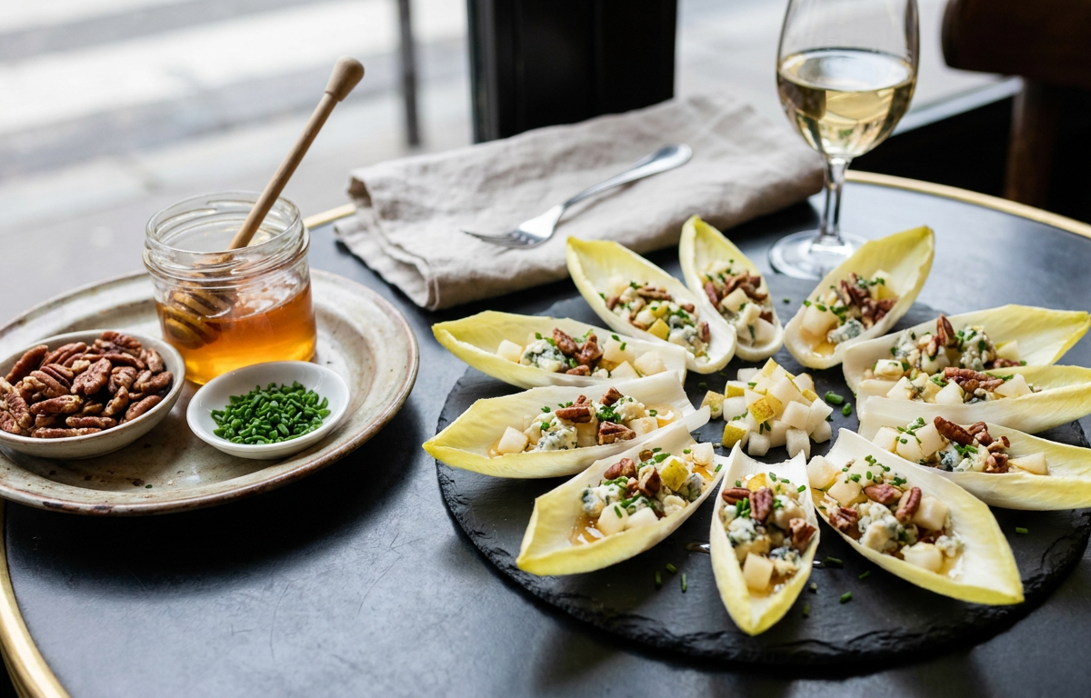 Chicorée-Schiffchen mit Blauschimmelkäse und Pekannüssen