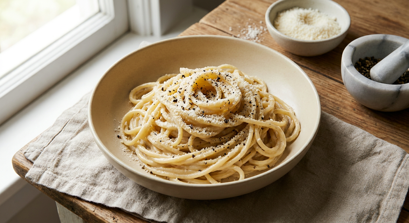 Classic Roman Cacio e Pepe served on a plate, photographed in natural light