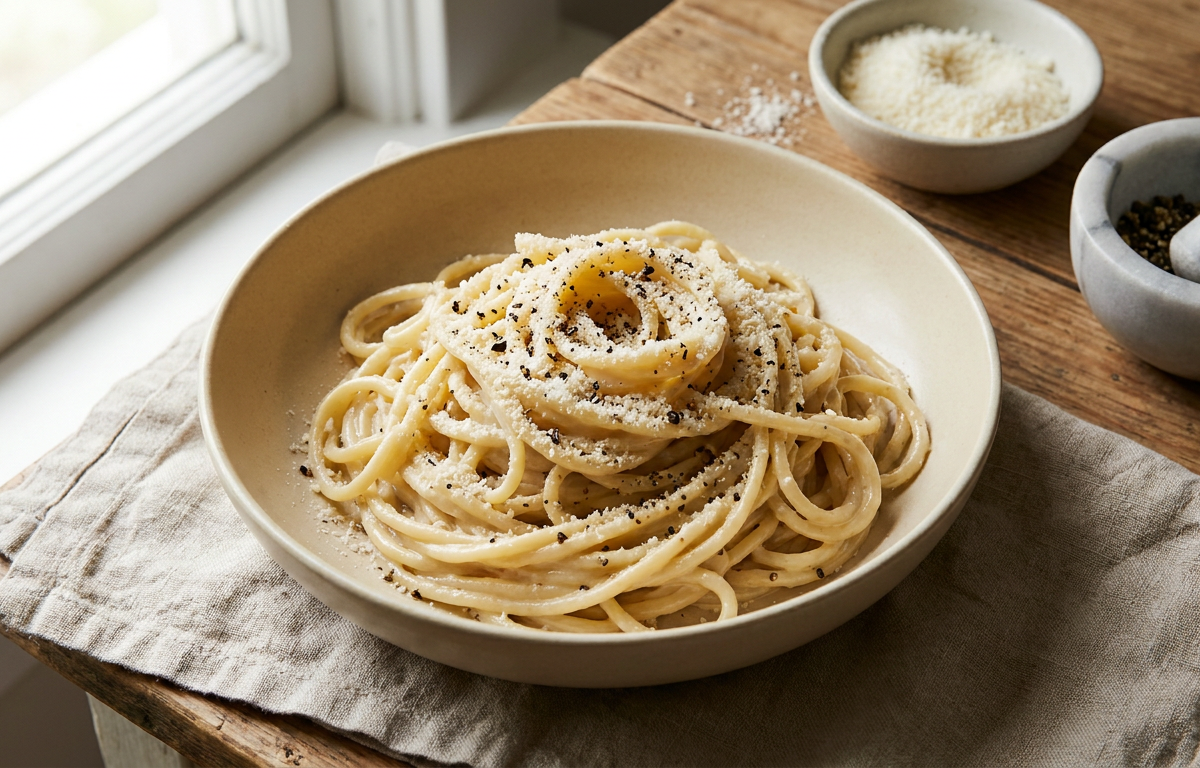 Classic Roman Cacio e Pepe served on a plate, photographed in natural light