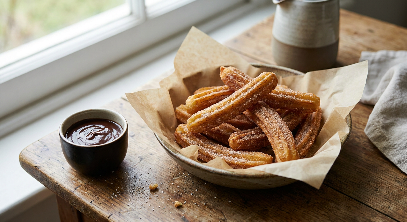 Churros with Chocolate Sauce served on a plate, photographed in natural light
