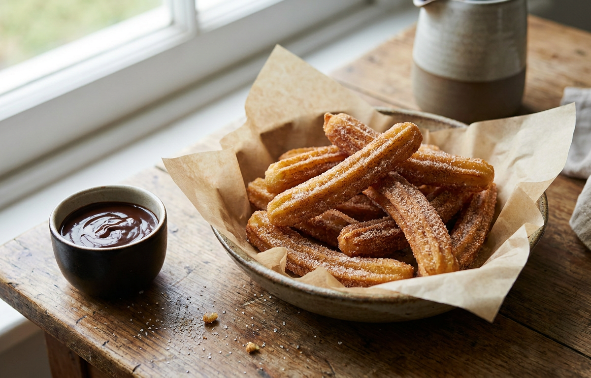 Churros with Chocolate Sauce served on a plate, photographed in natural light