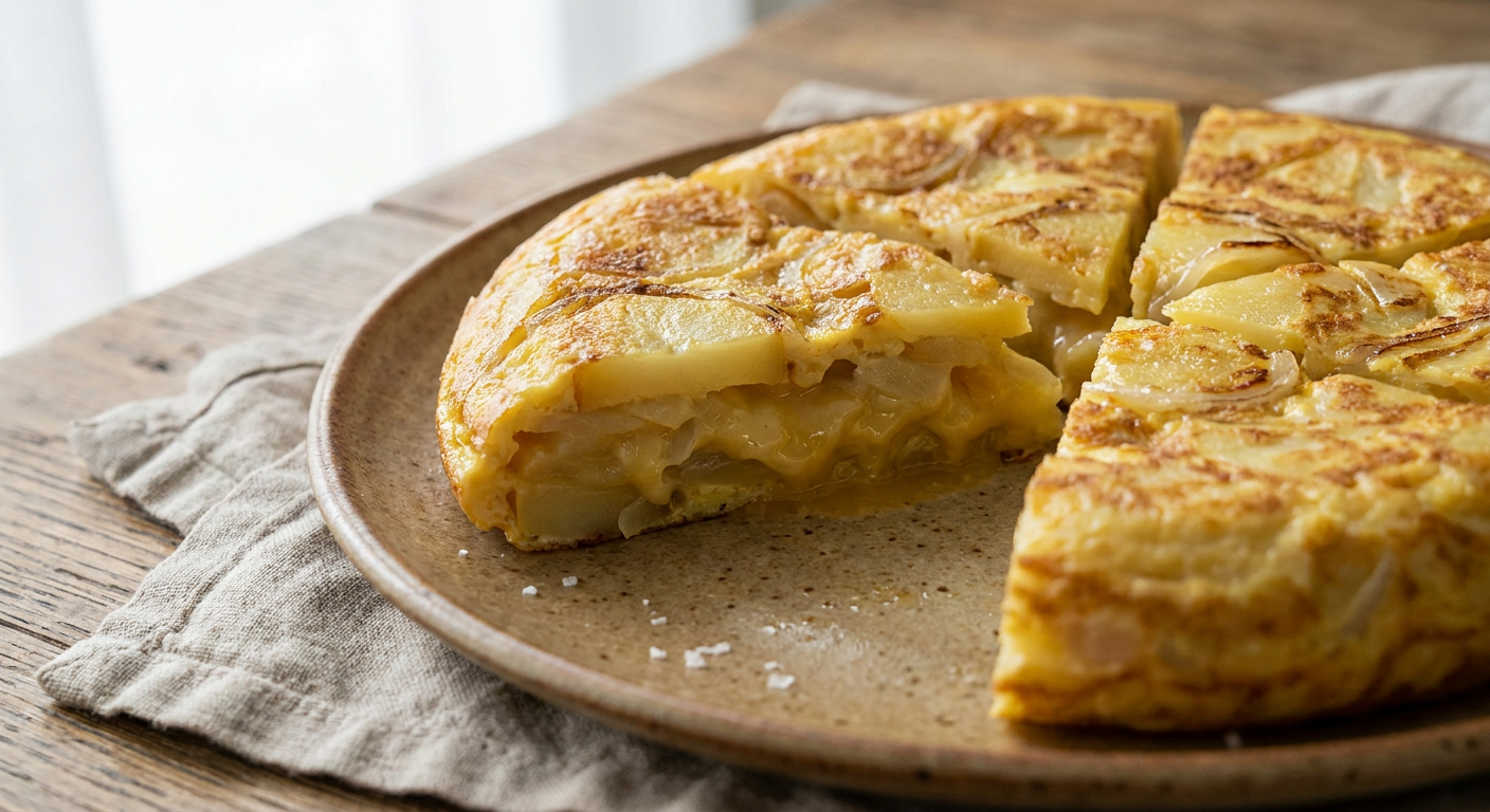 Spanish Tortilla (Tortilla de Patatas) served on a plate, photographed in natural light