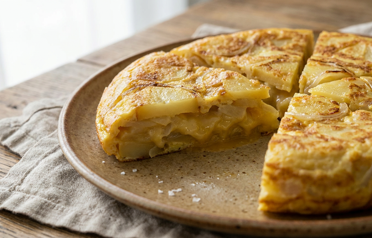 Spanish Tortilla (Tortilla de Patatas) served on a plate, photographed in natural light