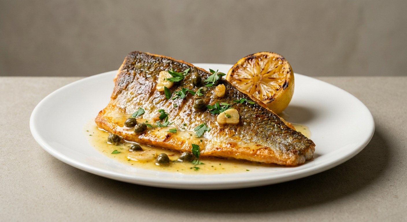 Filets de bar poêlés à la peau croustillante, beurre citronné aux câpres