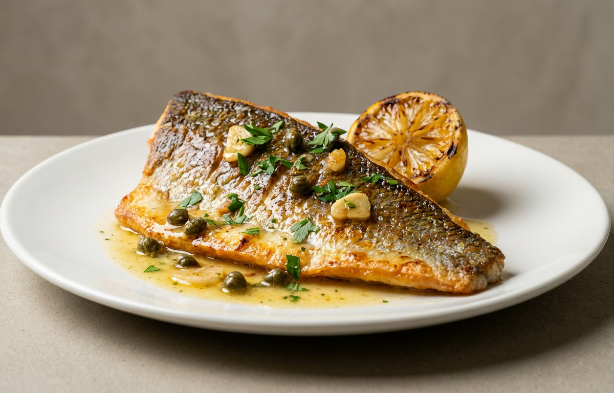 Filets de bar poêlés à la peau croustillante, beurre citronné aux câpres